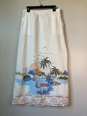 Cynthia Rowley 100% Linen Maxi Pull On skirt Beach Scene Print Resortwear sz M
